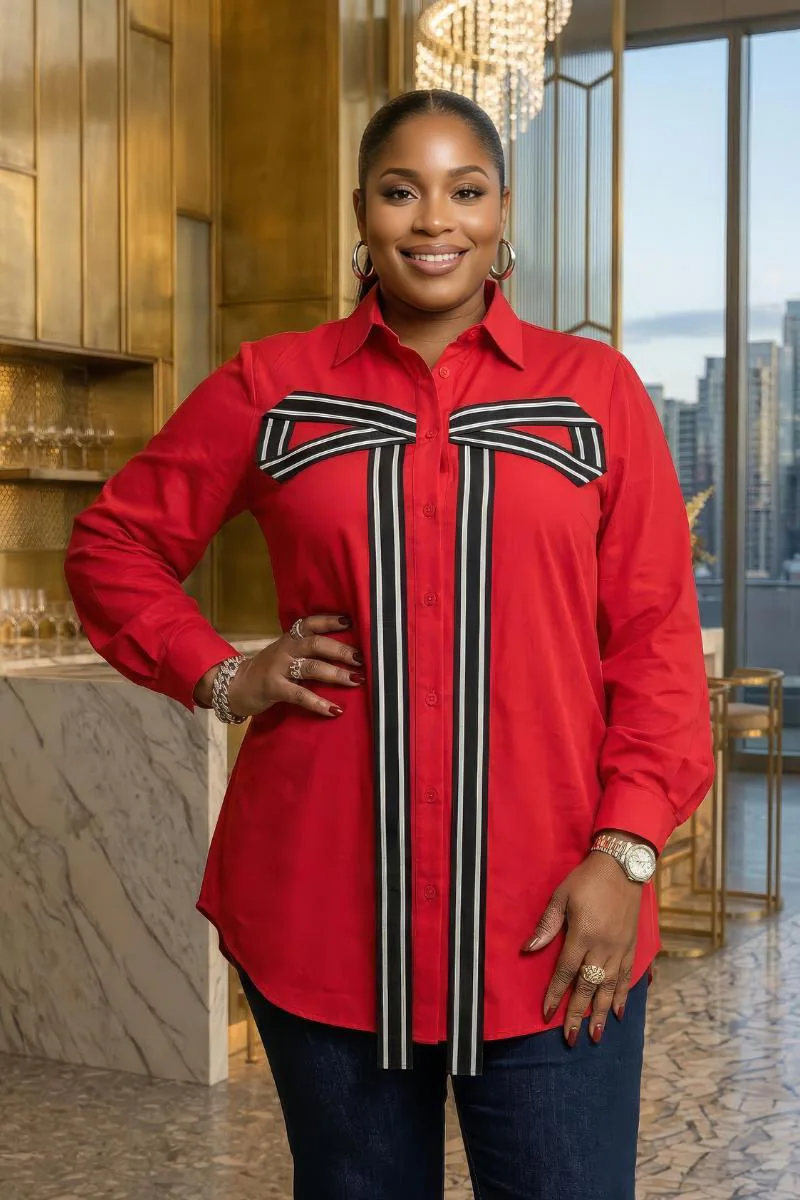 Plus Size Red Cotton Blouse: Long Sleeve Button-Down Shirt with Striped Bow