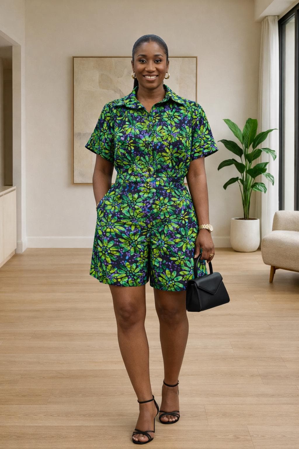 Green African Print Button-Front Romper – Tailored Ankara jumpsuit - image 3