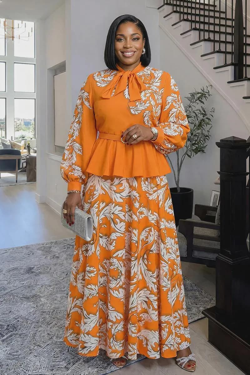 Pearl Belted Peplum Blouse & Skirt Set
