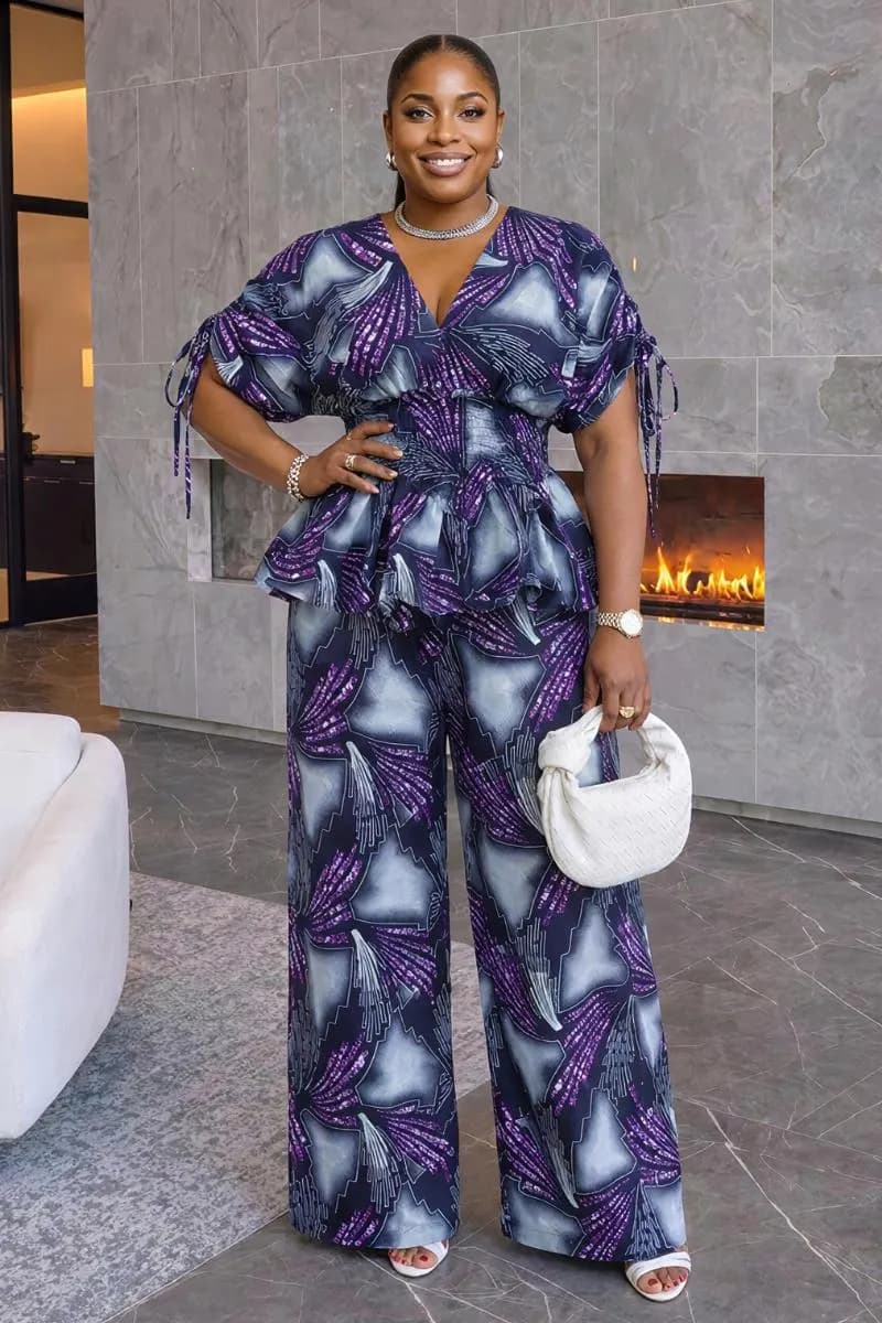 Ara Ankara Top & Pant Set, African Print Two Piece Set, Peplum Top and Wide Leg Pants, Ankara Matching Set for Women