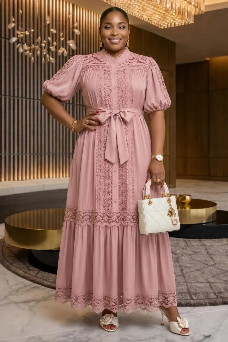Blush Lace Maxi Dress – Puff Sleeve Romantic Modest Elegant Plus Size Candace Dress