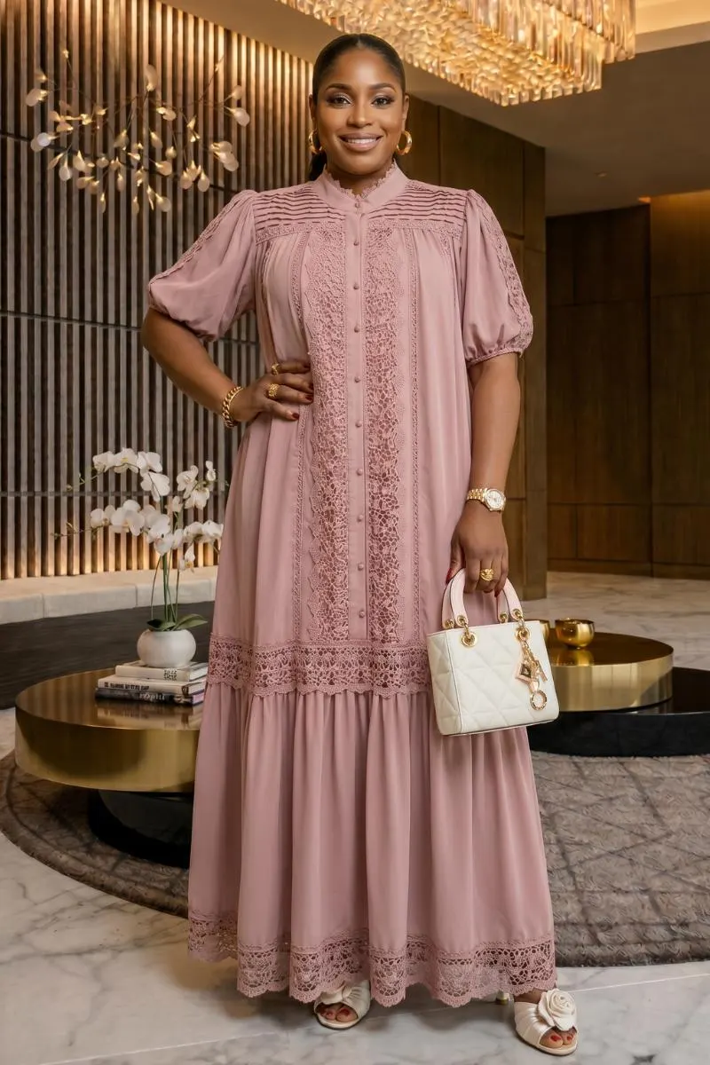 Blush Lace Maxi Dress – Puff Sleeve Romantic Modest Elegant Plus Size Candace Dress - image 3