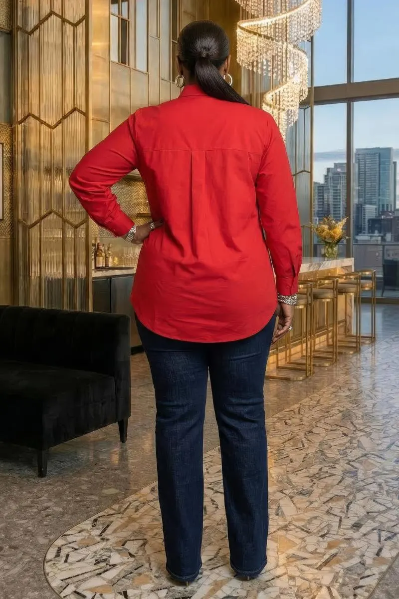 Plus Size Red Cotton Blouse: Long Sleeve Button-Down Shirt with Striped Bow - image 3