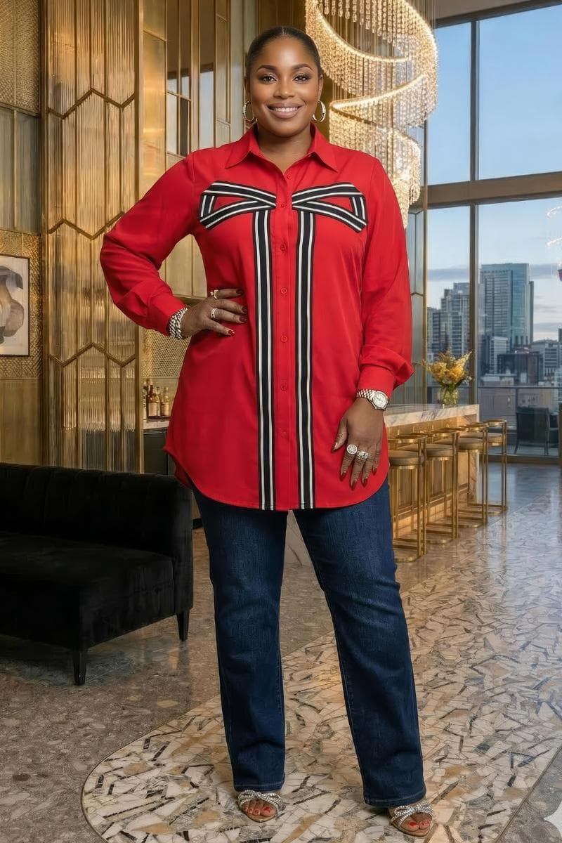 Plus Size Red Cotton Blouse: Long Sleeve Button-Down Shirt with Striped Bow - image 5