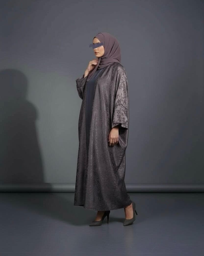 Eid Three-Piece Silk Jacquard Set: Cherry Tree Patterned Abaya, Inner Dress & Hijab (Mauve)