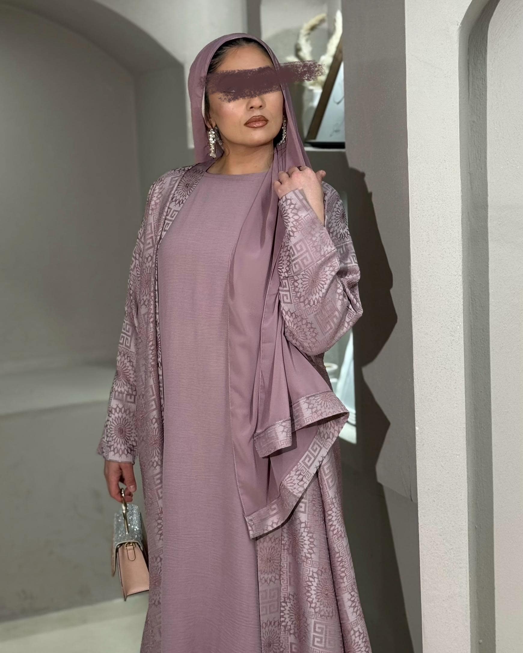 Jacquard Abaya Set: Cloche Cut Satin Abaya, Inner Dress & Hijab (Tea Pink) - image 5