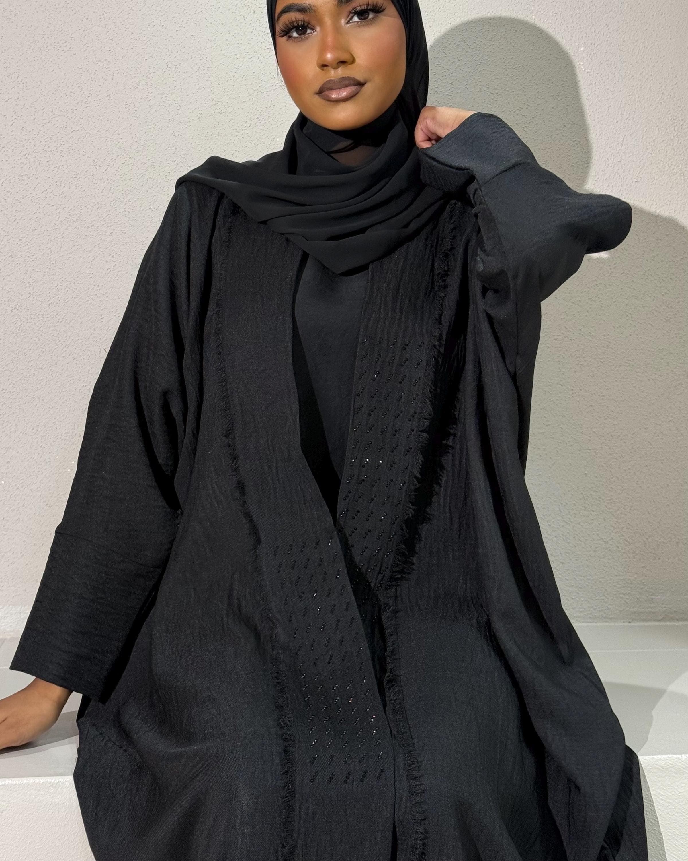 Ramadan Three-Piece Fringed Abaya Set: Butterfly Abaya, Silky Inner Dress, Hijab (Black)