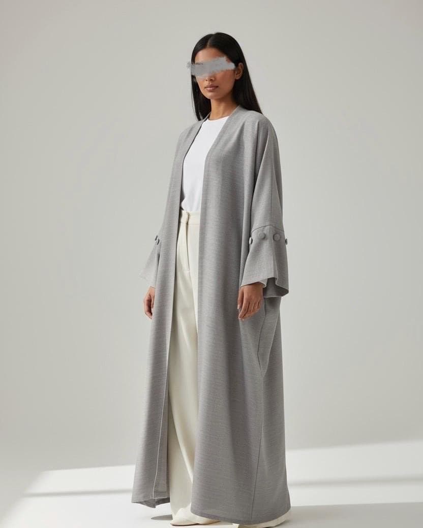 Minimalist Grey Linen Abaya | Button Sleeve Design (No Inner Dress)