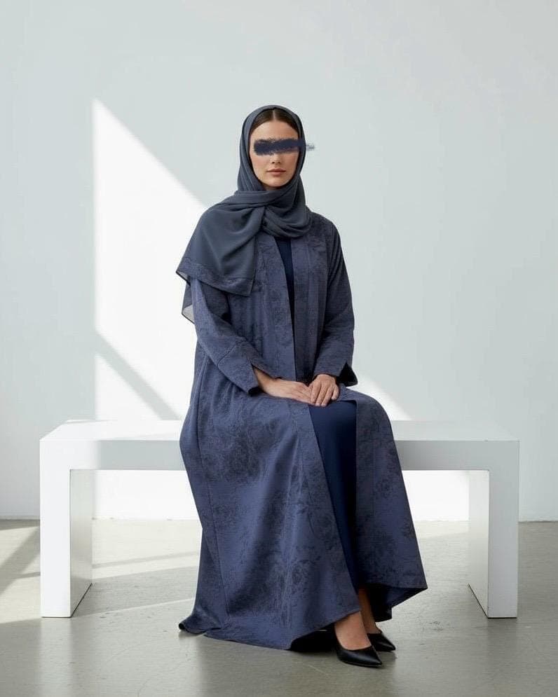 Three-Piece Set: Flowery Patterned Abaya, Inner Dress & Hijab (Midnight Blue) - image 4