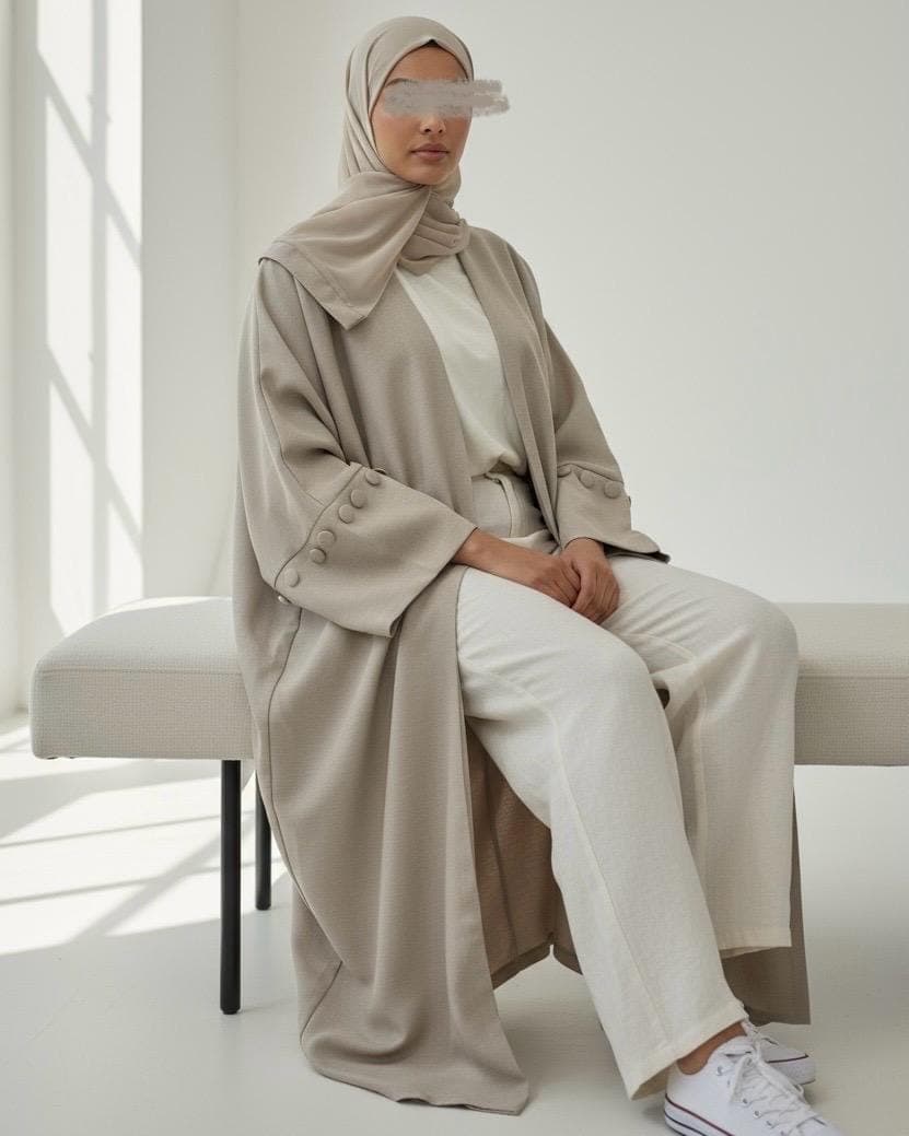 Minimalist Sandstone Beige Linen Abaya | Button Sleeve Design (No Inner Dress)