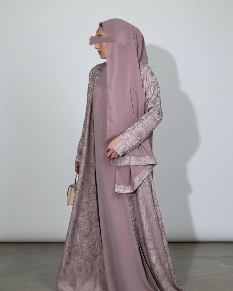 Jacquard Abaya Set: Cloche Cut Satin Abaya, Inner Dress & Hijab (Tea Pink) - image 4