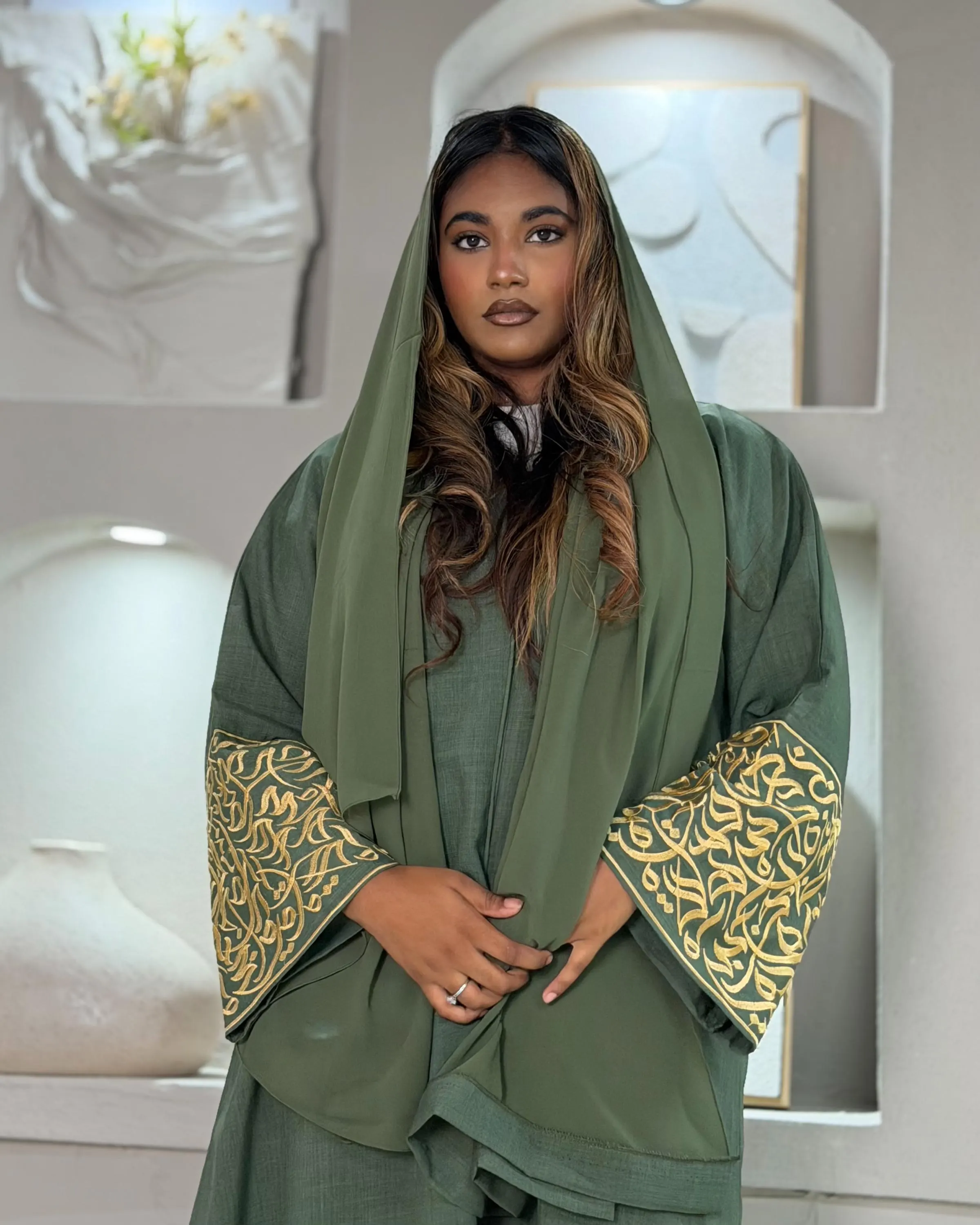 Italian Linen Blend Abaya with Arabic Calligraphy Embroidered Sleeves (Olive Green) - image 5