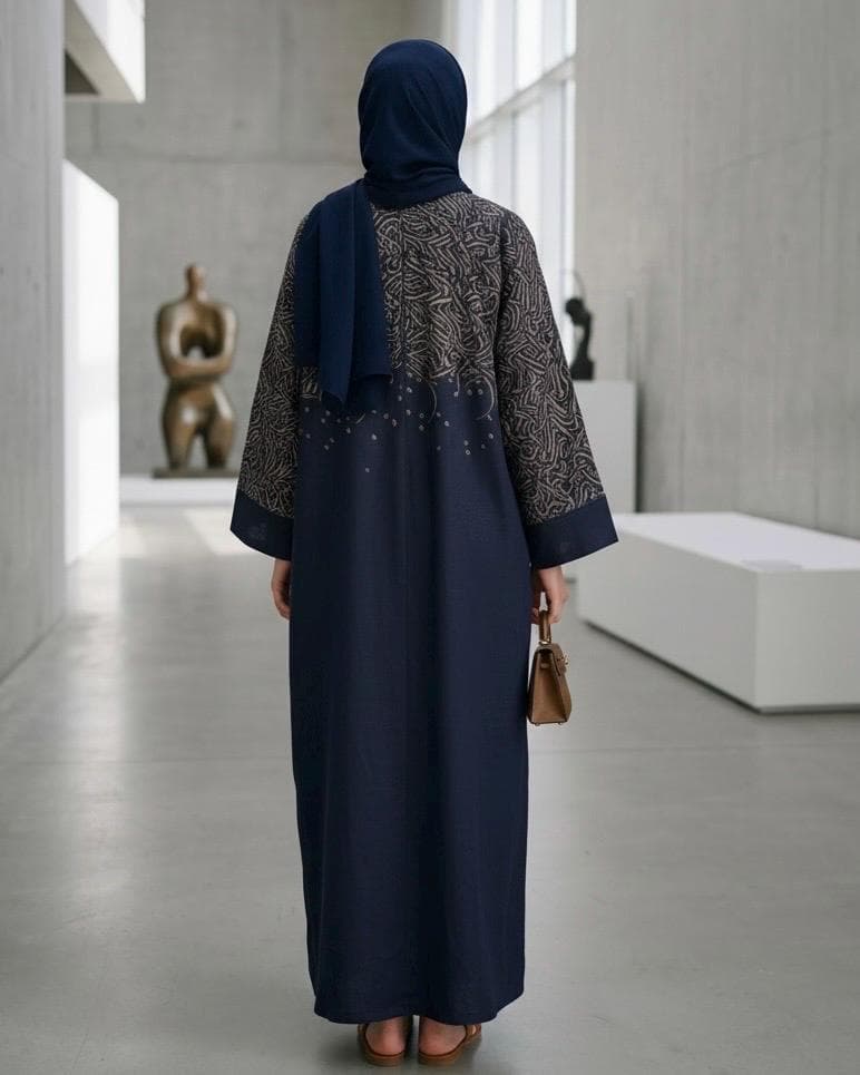 Three-Piece Calligraphy Set: Indian Linen Abaya, Inner Dress & Hijab (Dark Navy) - image 4