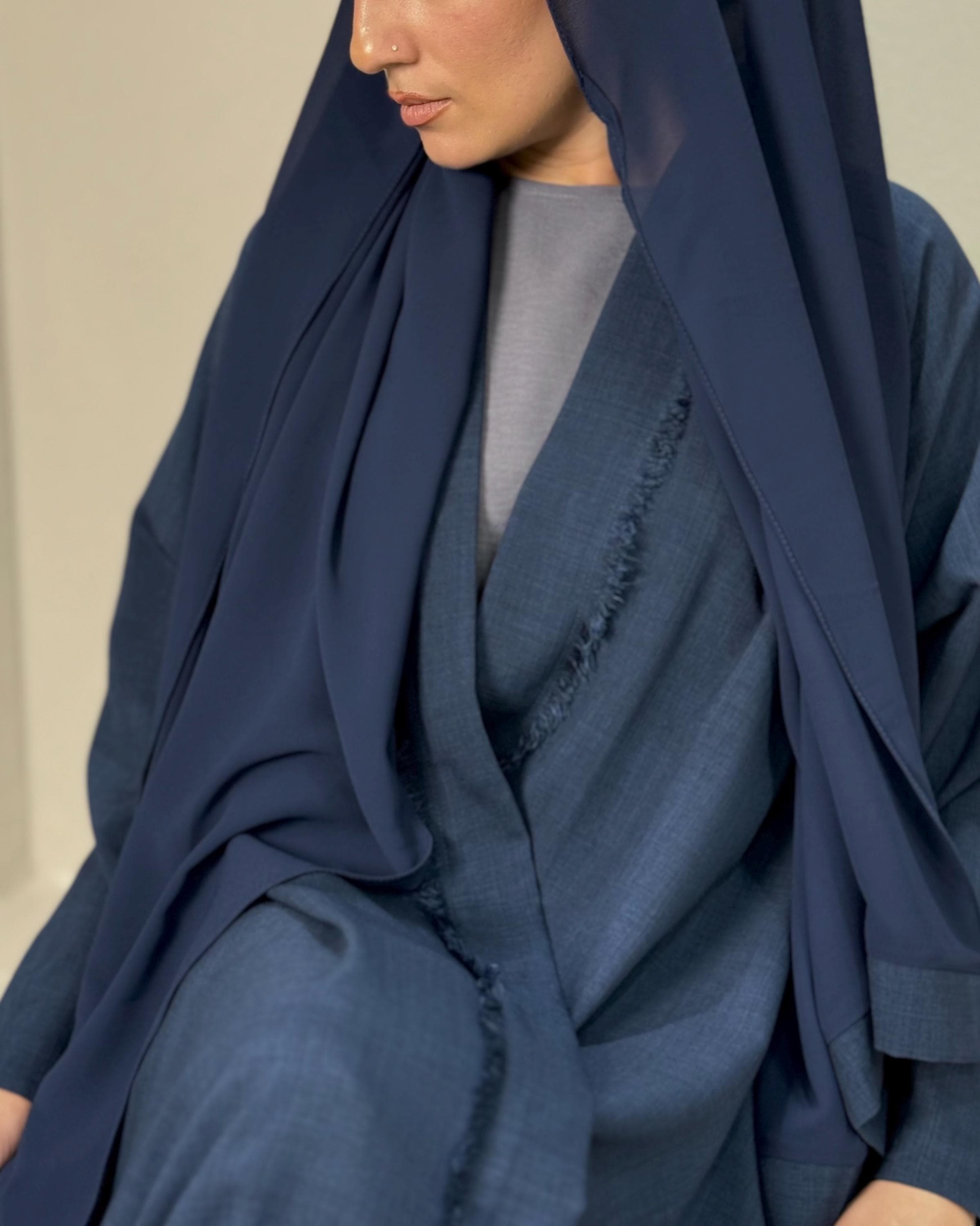Italian Linen Frayed Abaya Set in Cloche Cut (Navy) - image 3