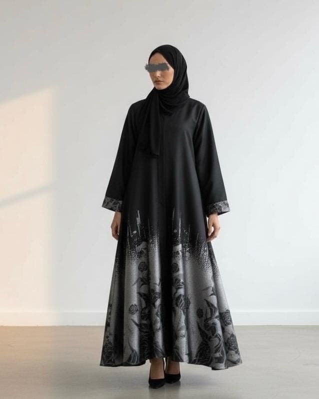 Structured Cloche Cut Eid Abaya – Taffeta Jacquard (Silver Pattern) - image 4