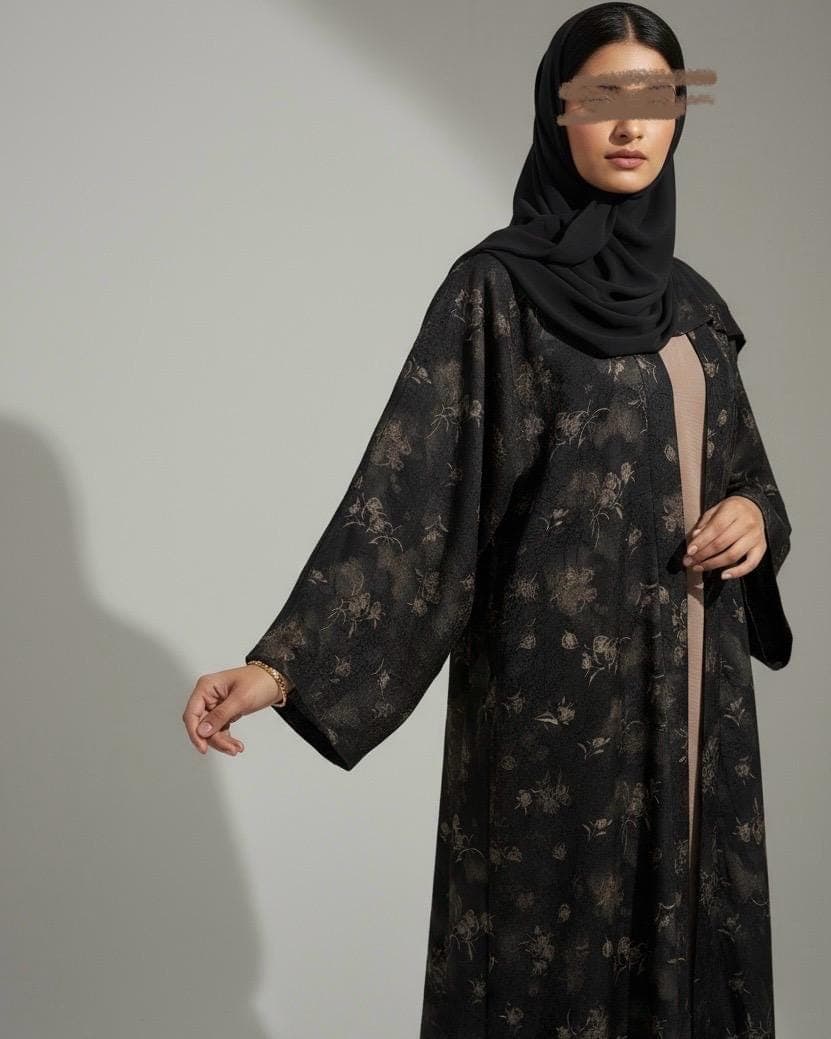 Floral Turkish Jacquard Patterned Abaya Set in Cloche Cut (No Inner Dress)