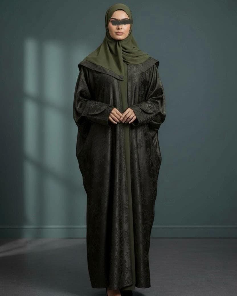 Eid Three-Piece Silk Jacquard Set: Cherry Tree Patterned Abaya, Inner Dress & Hijab - image 5