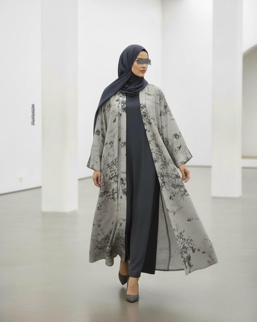 Ramadan Three-Piece Cloche Abaya Set: Two-Tone Abaya, Inner Dress & Hijab (Dove Grey / Denim) - image 4