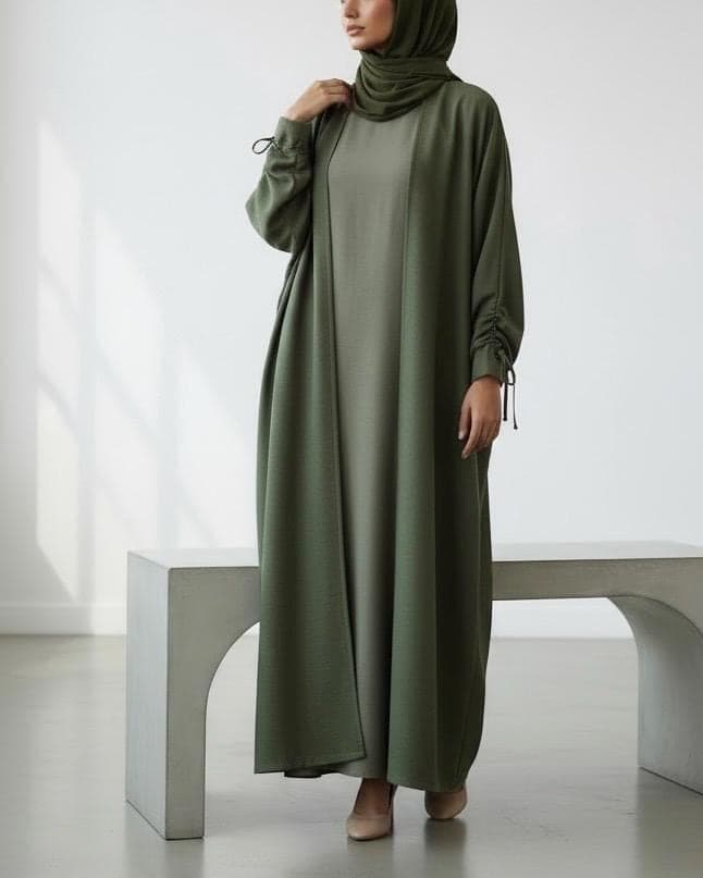 Ramadan Three-Piece Italian Linen Blend Set: Bow-Tied Sleeve Abaya, Inner Dress & Hijab (Olive) - image 5