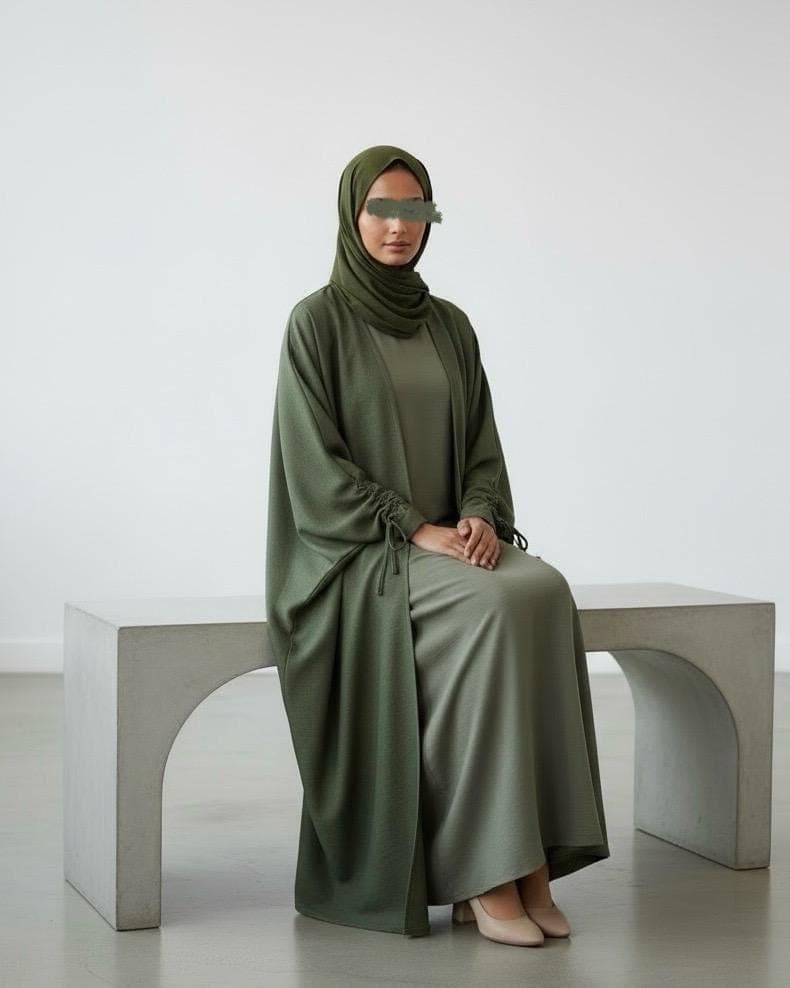 Ramadan Three-Piece Italian Linen Blend Set: Bow-Tied Sleeve Abaya, Inner Dress & Hijab (Olive) - image 4