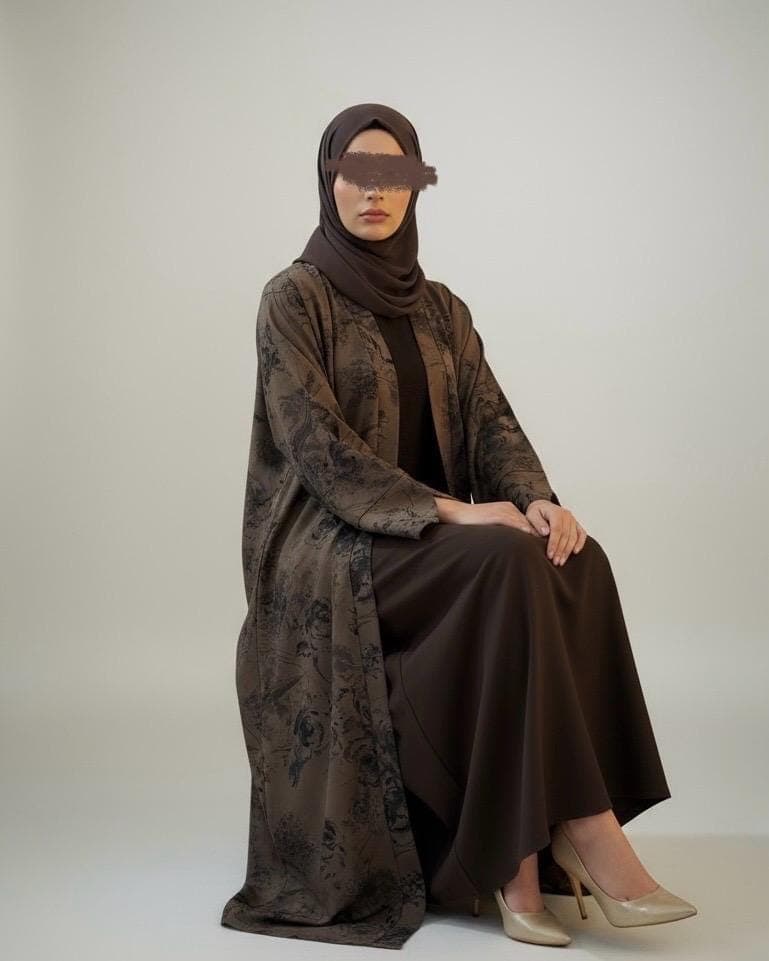 Three-Piece Set: Flowery Patterned Abaya, Inner Dress & Hijab (Mocha Taupe, Midnight Blue) - image 5
