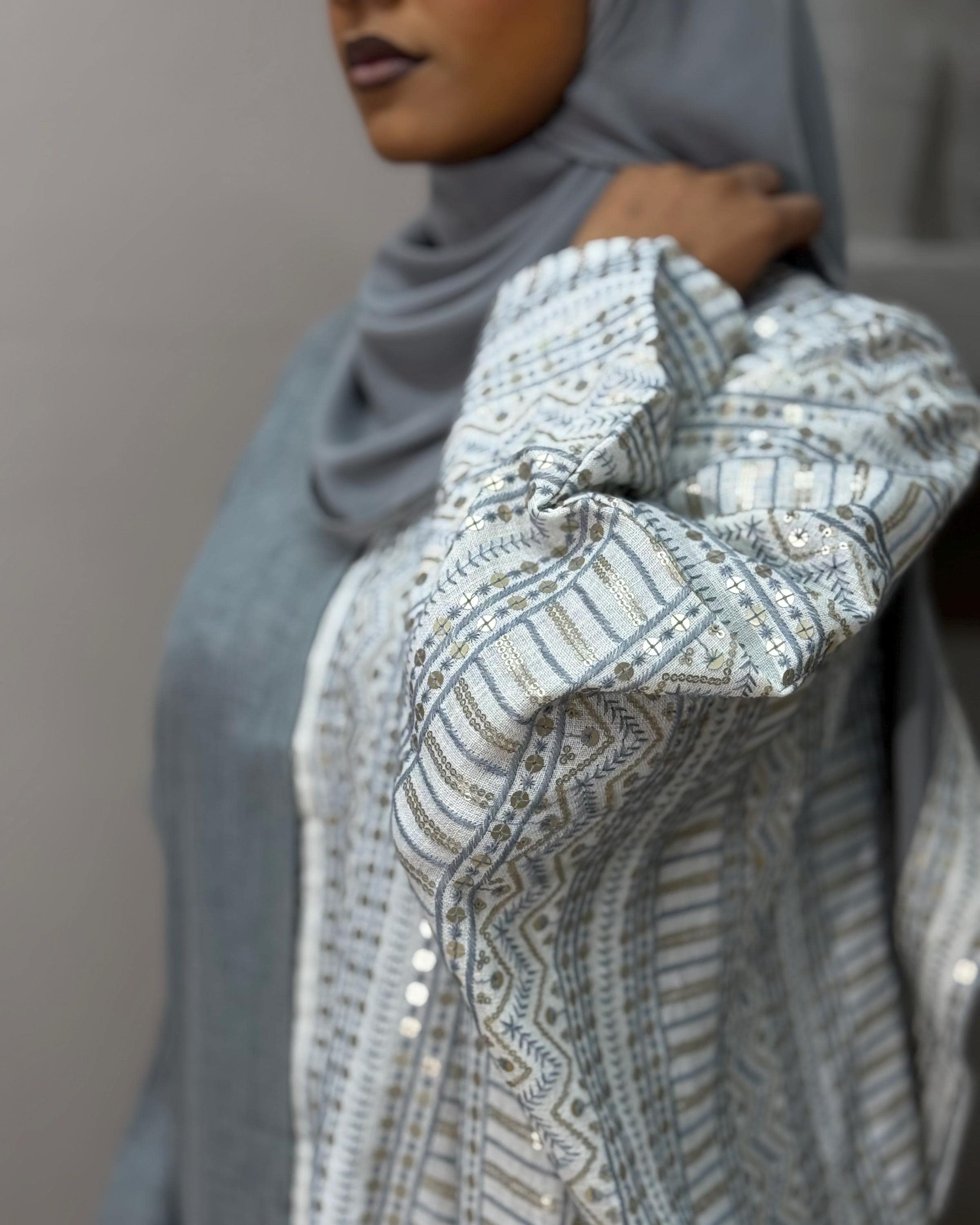 Half Embroidered Indian Linen Butterfly Abaya (Grey) - image 3