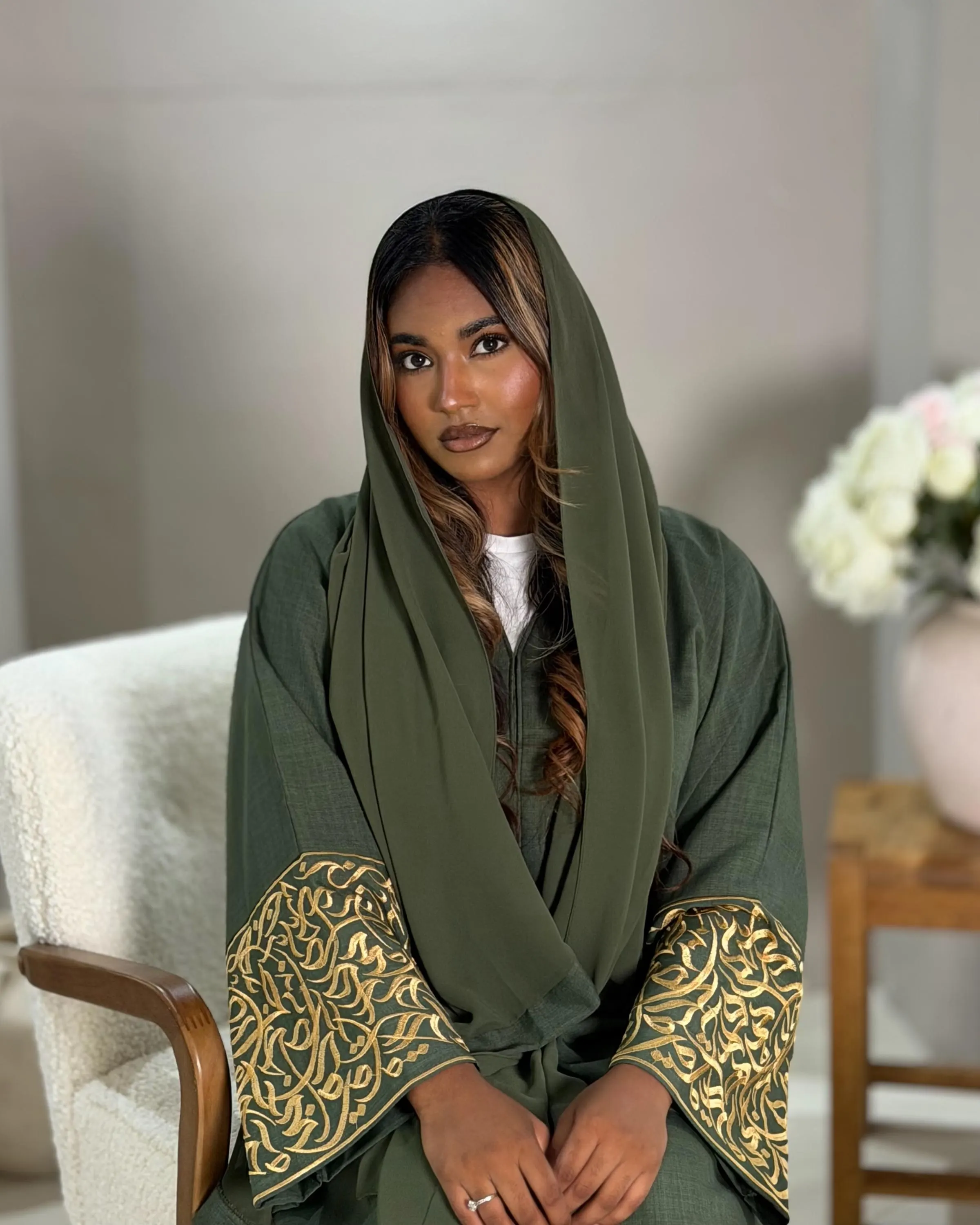 Italian Linen Blend Abaya with Arabic Calligraphy Embroidered Sleeves (Olive Green)