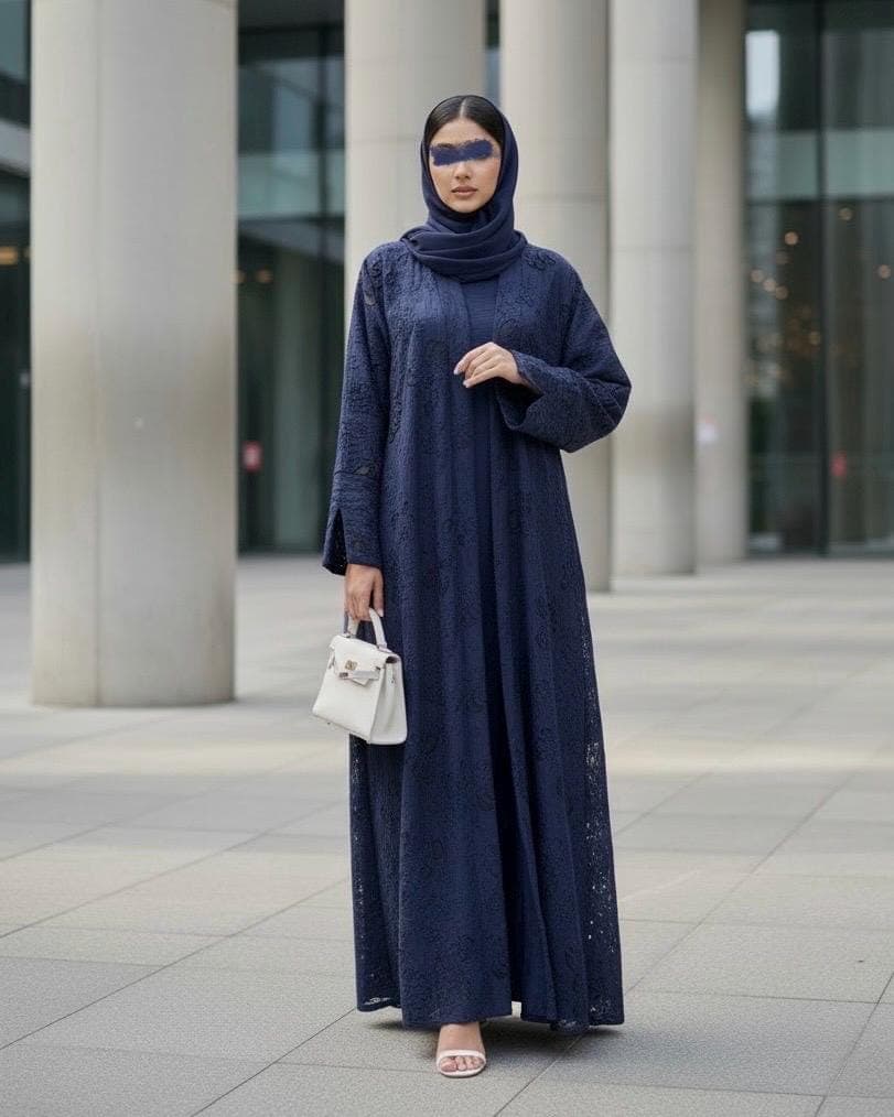 Three-Piece Textured Abaya Set: Laser Cut Abaya, Inner Dress & Hijab (Navy, Black, Olive Green) - image 5