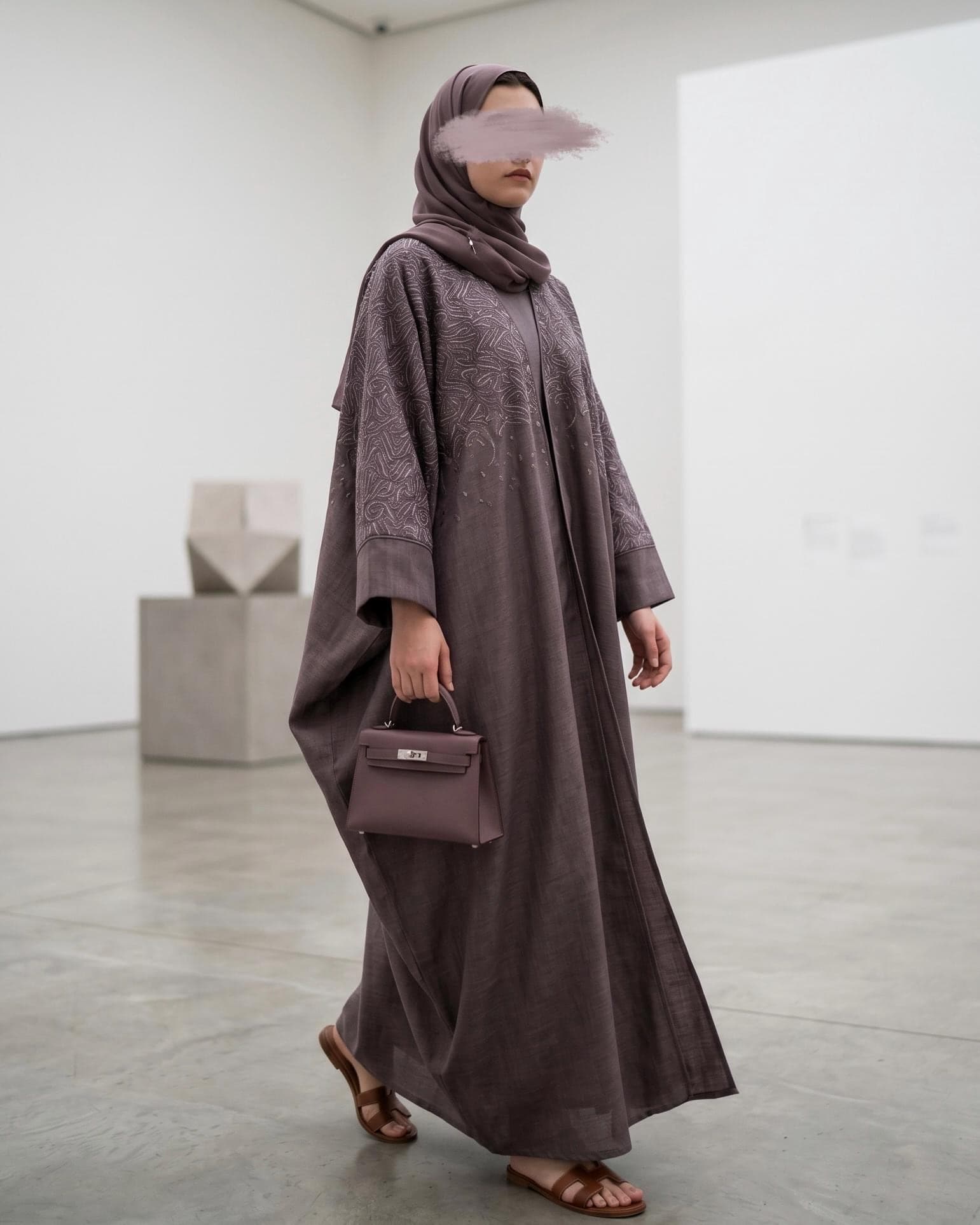 Three-Piece Calligraphy Set: Indian Linen Abaya, Inner Dress & Hijab (Mauve)