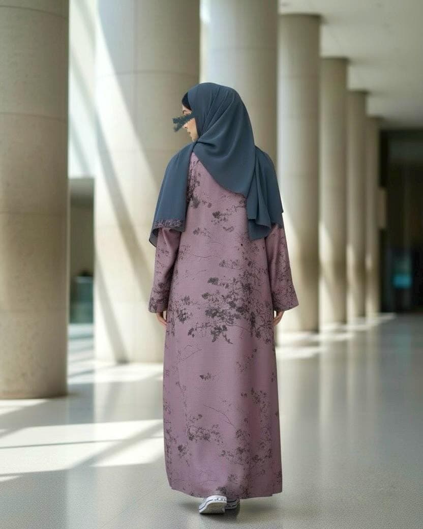 Ramadan Three-Piece Cloche Abaya Set: Two-Tone Abaya, Inner Dress & Hijab (Dusty Mauve / Denim) - image 4