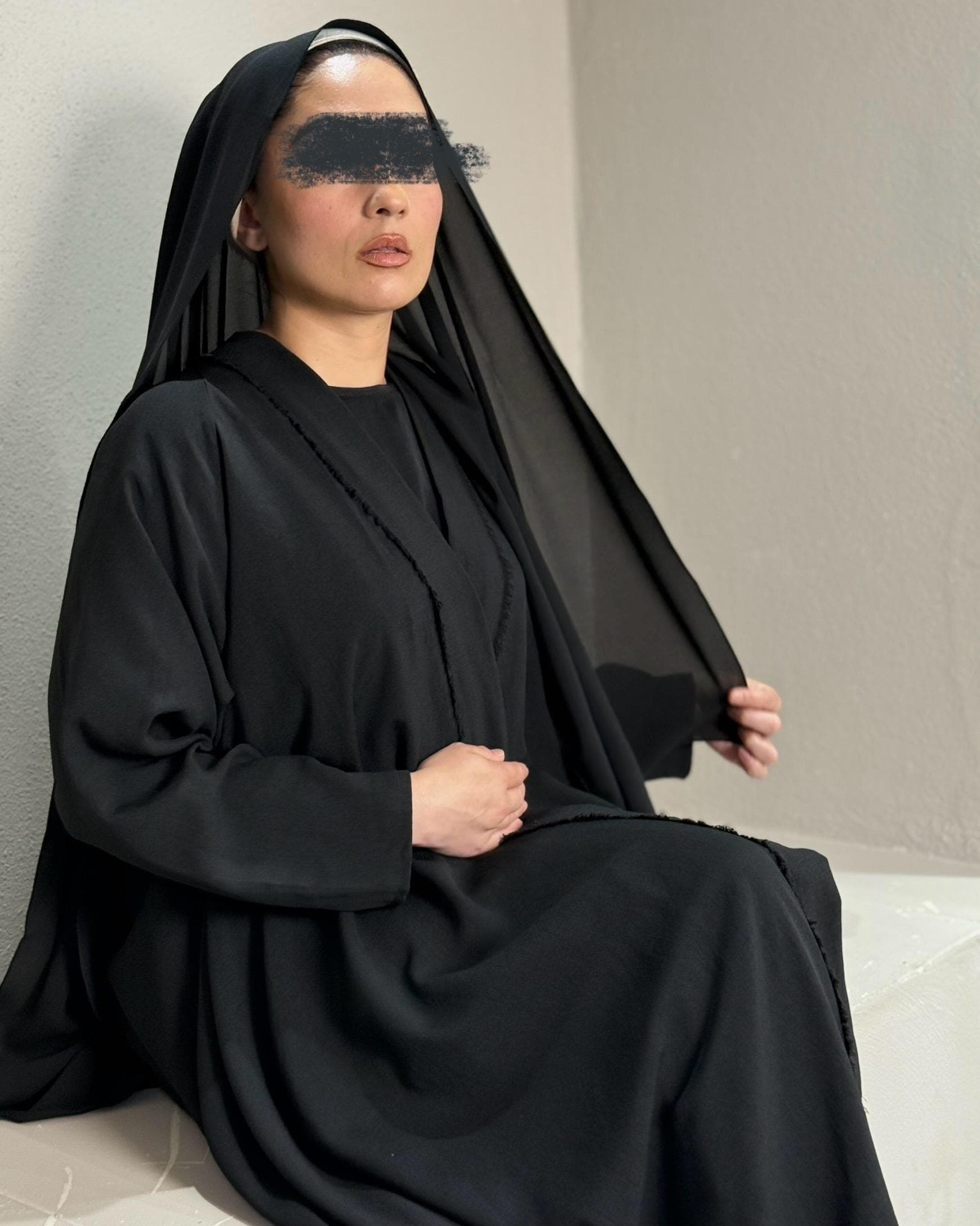 Italian Linen Frayed Abaya Set in Cloche Cut (Black) - image 3