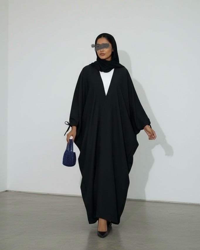 Ramadan Three-Piece Italian Linen Blend Set: Bow-Tied Sleeve Abaya, Inner Dress & Hijab (Black) - image 5