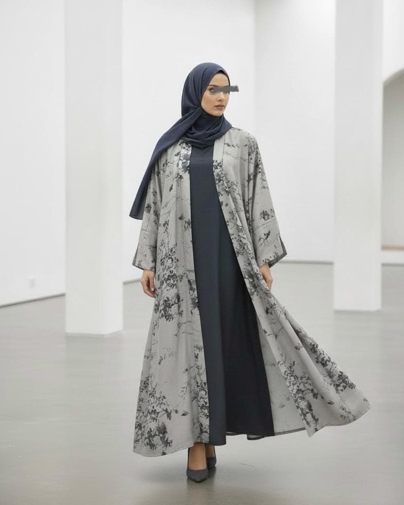 Ramadan Three-Piece Cloche Abaya Set: Two-Tone Abaya, Inner Dress & Hijab (Dove Grey / Denim) - image 5