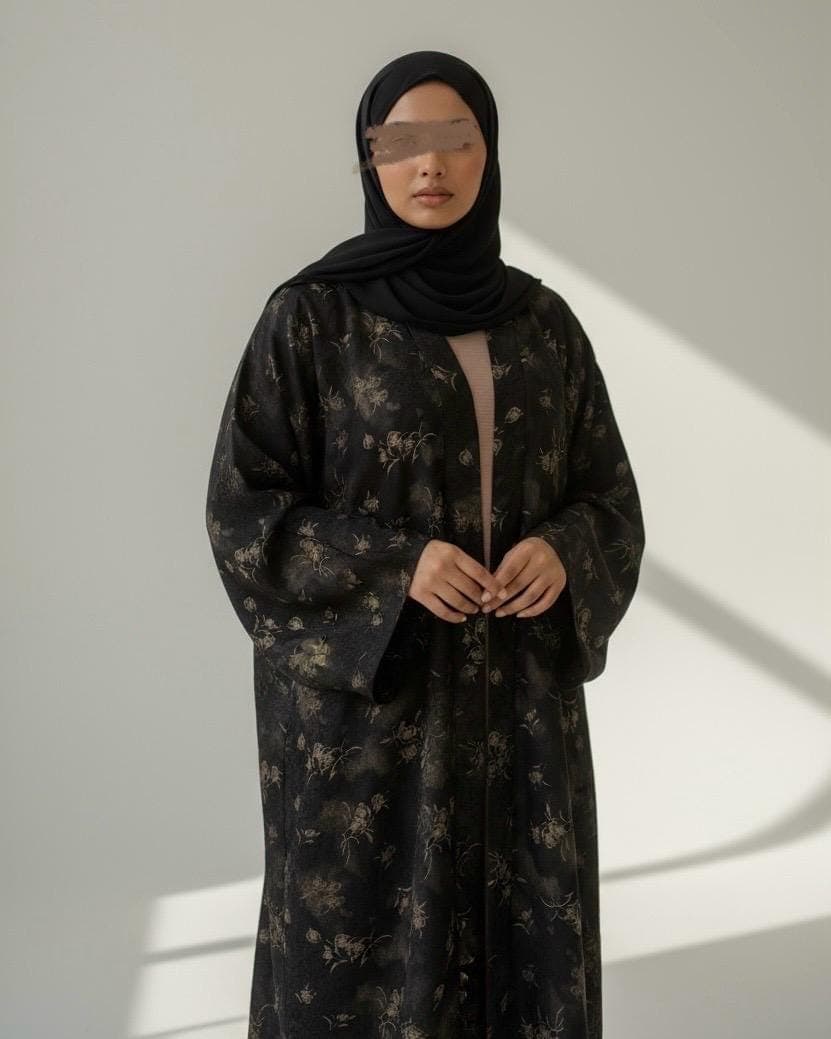Floral Turkish Jacquard Patterned Abaya Set in Cloche Cut (No Inner Dress) - image 5