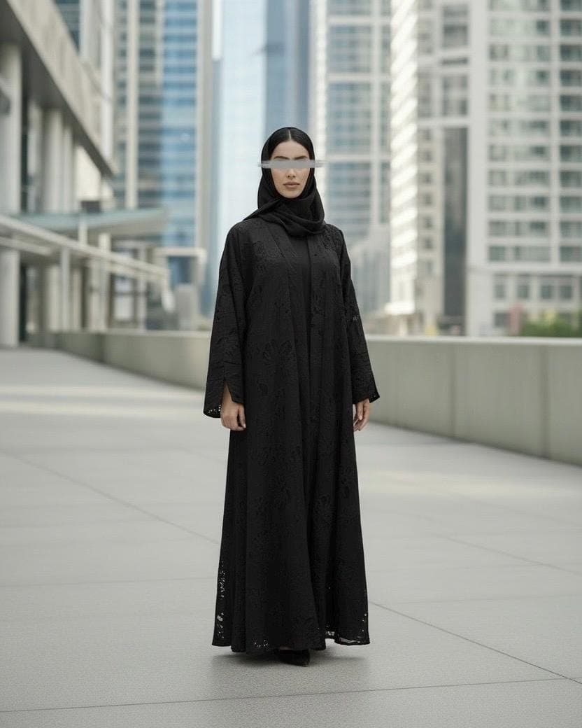 Three-Piece Textured Abaya Set: Laser Cut Abaya, Inner Dress & Hijab (Black) - image 4