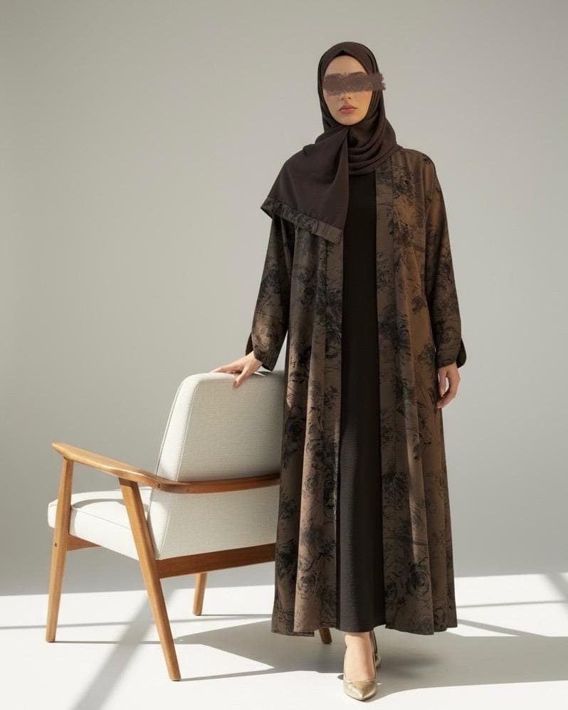 Three-Piece Set: Flowery Patterned Abaya, Inner Dress & Hijab (Mocha Taupe, Midnight Blue) - image 4
