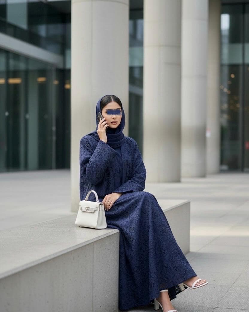Three-Piece Textured Abaya Set: Laser Cut Abaya, Inner Dress & Hijab (Navy, Black, Olive Green) - image 4