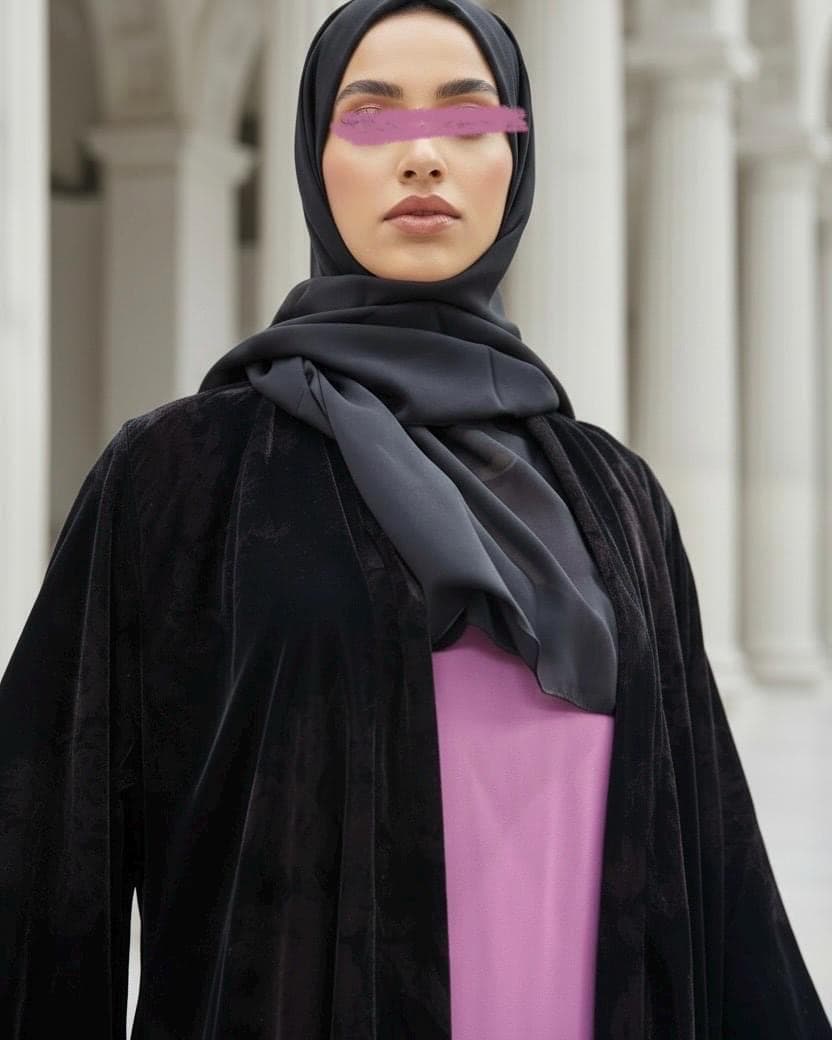Three-Piece Velvet Set: Floral Abaya, Baby Pink Inner Dress & Hijab - image 5