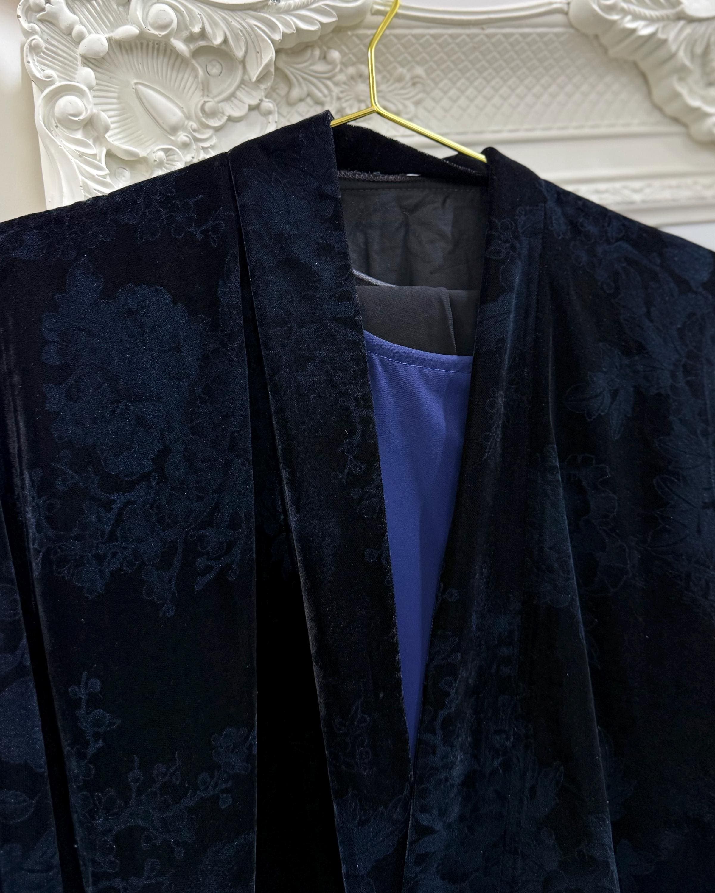 Three-Piece Velvet Set: Floral Abaya, Royal Blue Inner Dress & Hijab - image 3