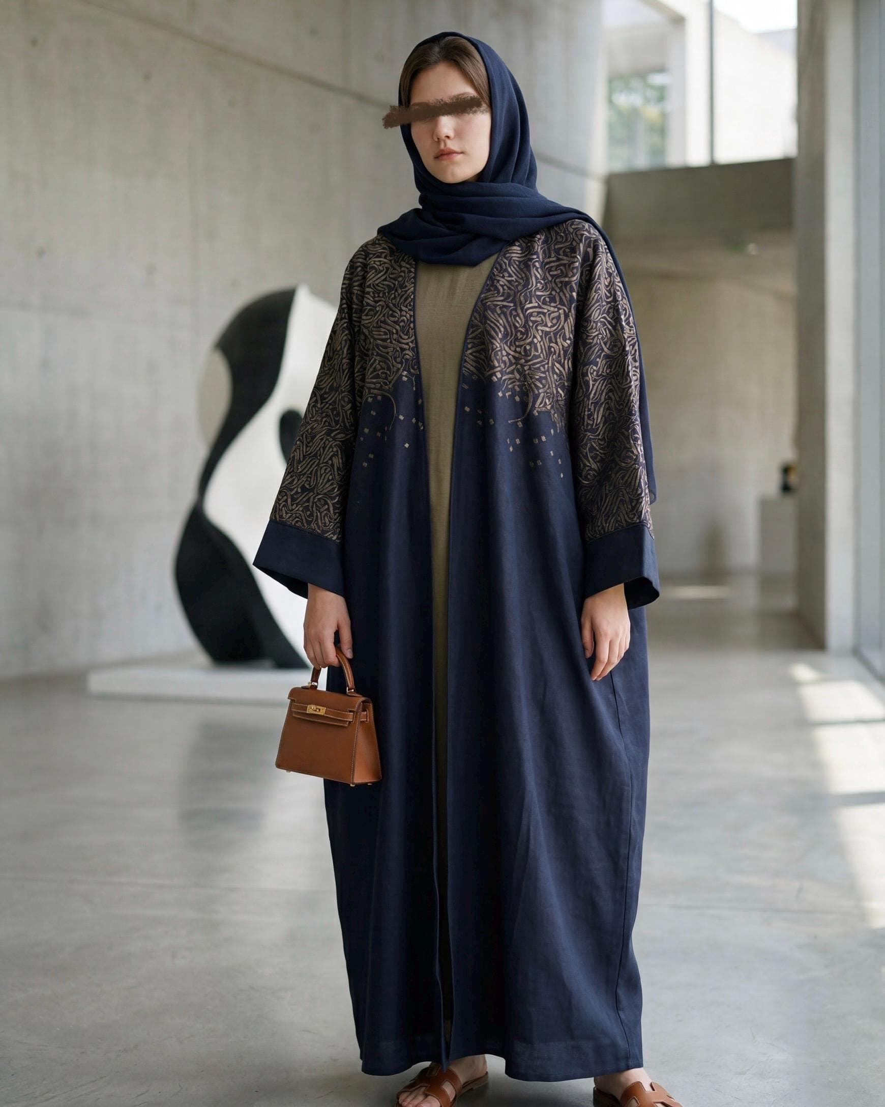 Three-Piece Calligraphy Set: Indian Linen Abaya, Inner Dress & Hijab (Dark Navy) - image 5