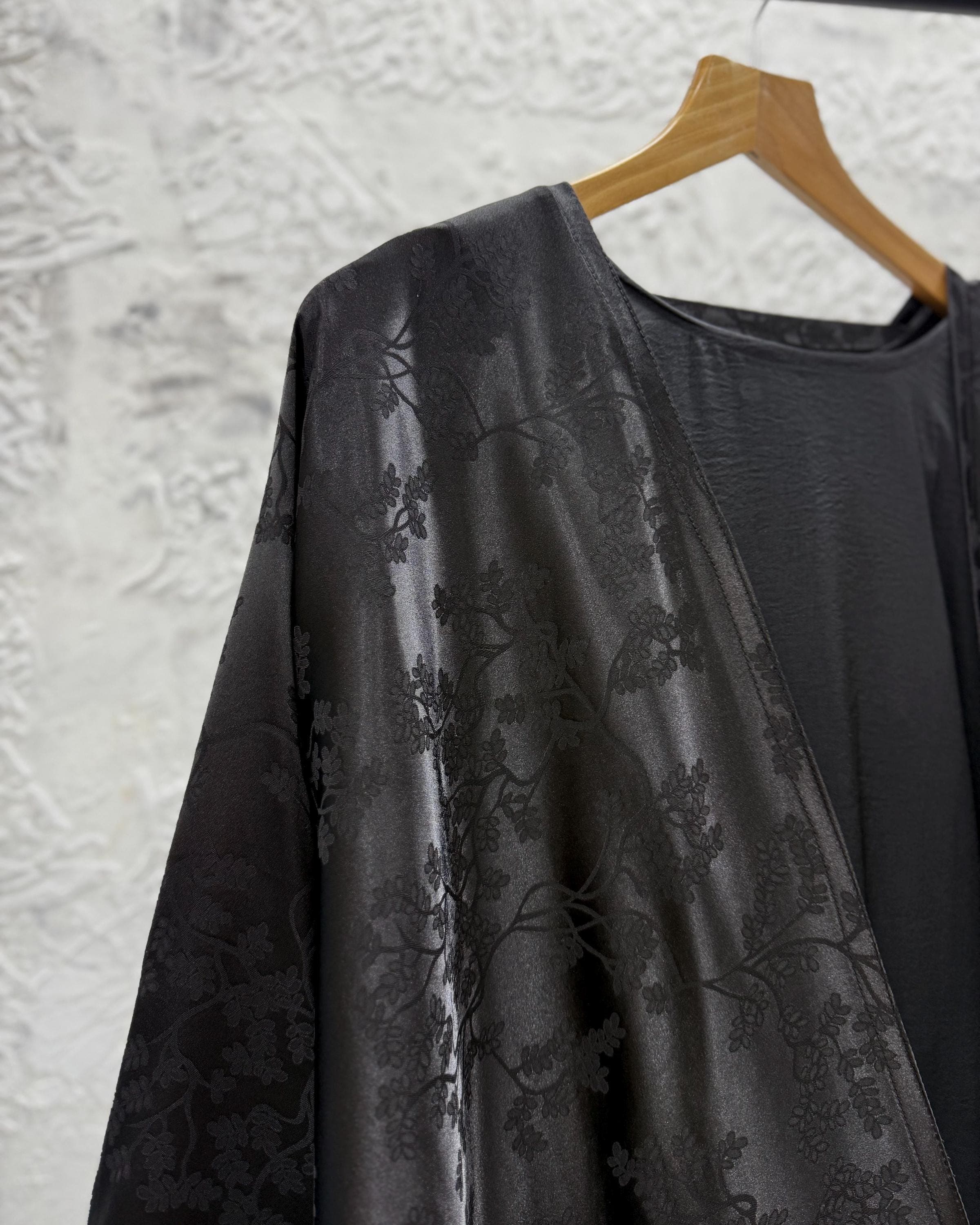 Eid Three-Piece Silk Jacquard Set: Cherry Tree Patterned Abaya, Inner Dress & Hijab (Black) - image 3