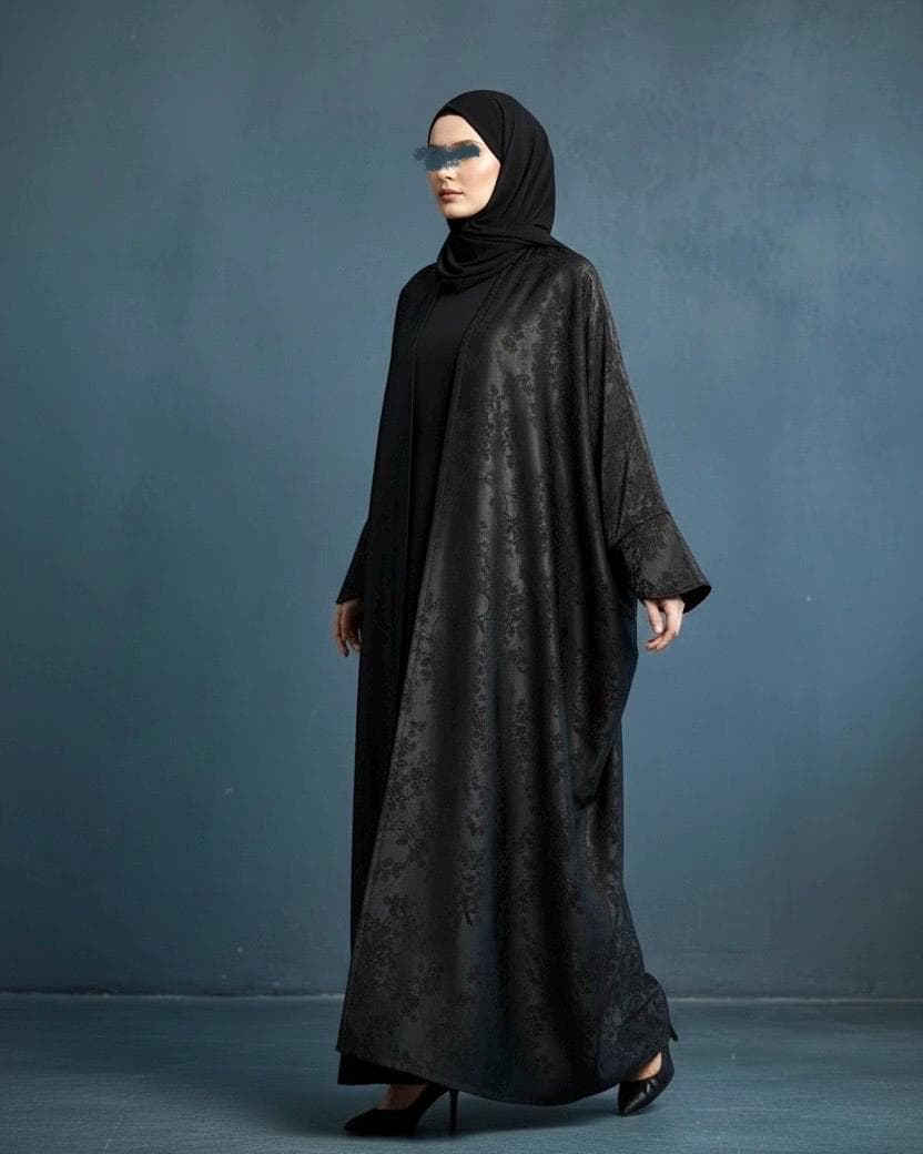Eid Three-Piece Silk Jacquard Set: Cherry Tree Patterned Abaya, Inner Dress & Hijab (Black) - image 4