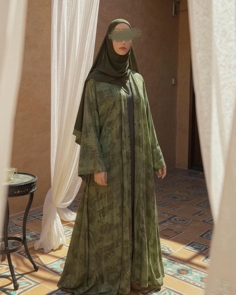 Indian Linen Patterned Abaya Set in Cloche-Cut (Olive Serenity) - image 4