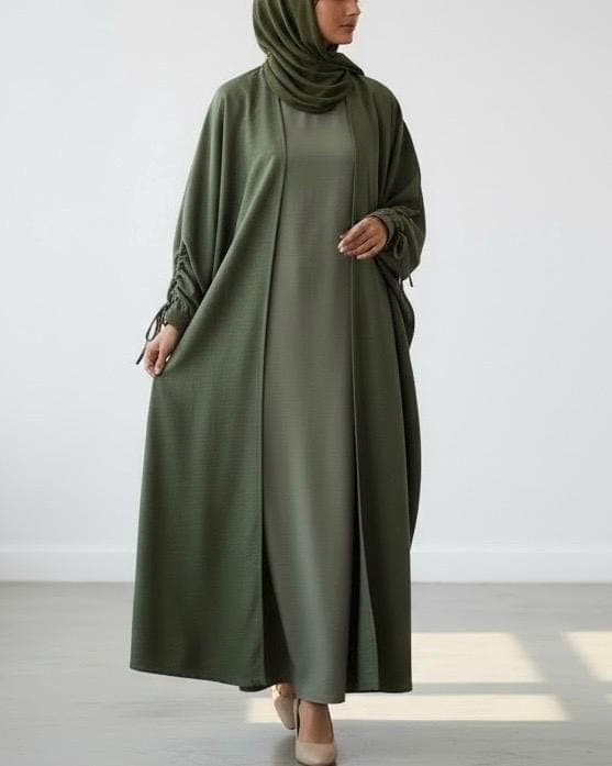 Ramadan Three-Piece Italian Linen Blend Set: Bow-Tied Sleeve Abaya, Inner Dress & Hijab (Olive) - image 3