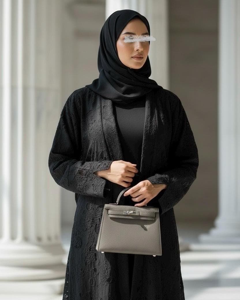 Three-Piece Textured Abaya Set: Laser Cut Abaya, Inner Dress & Hijab (Black)
