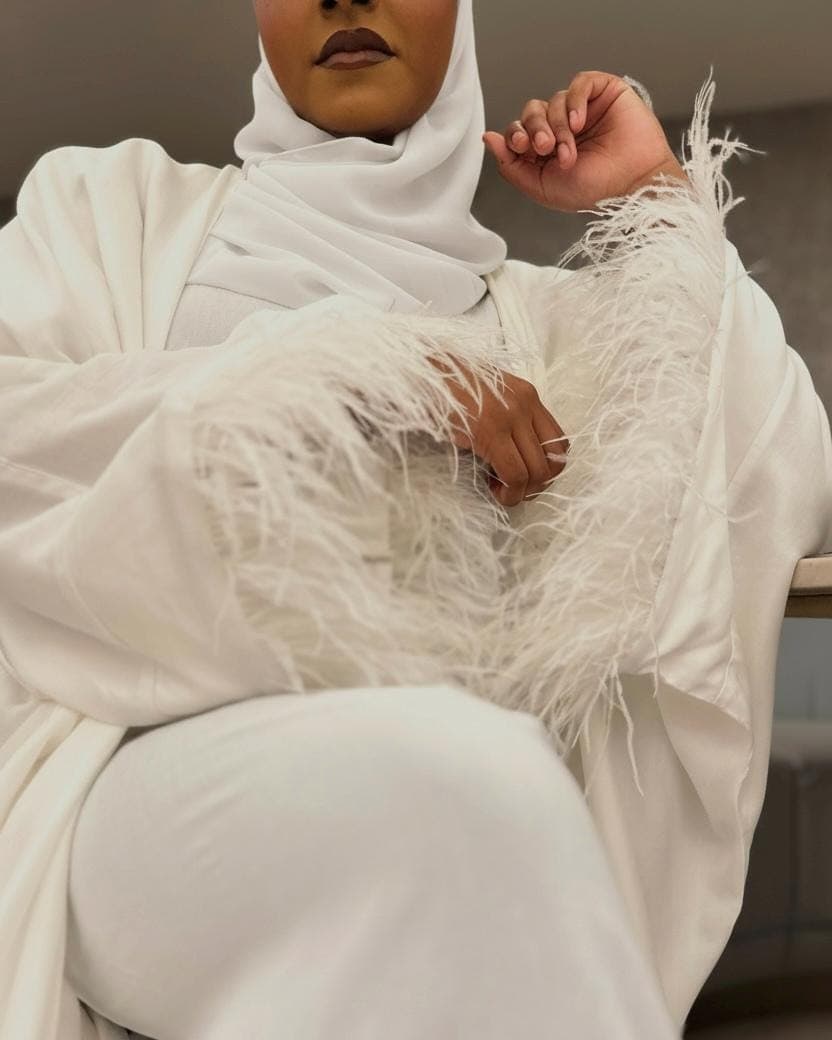 Nikkah Three-Piece Set: Abaya with Ostrich Feathers, Inner & Hijab (Off-White) - image 3