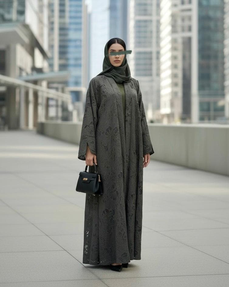 Three-Piece Textured Abaya Set: Laser Cut Abaya, Inner Dress & Hijab (Forest Green) - image 5