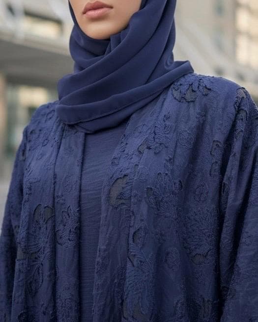 Three-Piece Textured Abaya Set: Laser Cut Abaya, Inner Dress & Hijab (Navy, Black, Olive Green) - image 3
