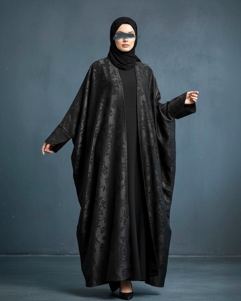 Eid Three-Piece Silk Jacquard Set: Cherry Tree Patterned Abaya, Inner Dress & Hijab (Black)