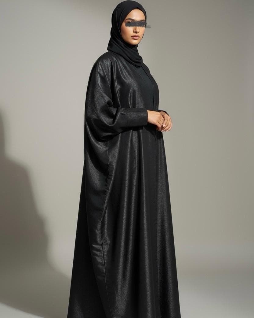 Luxurious Eid Three-Piece Set: Shimmery Butterfly Abaya with Slim Cuffs, Inner Dress & Hijab